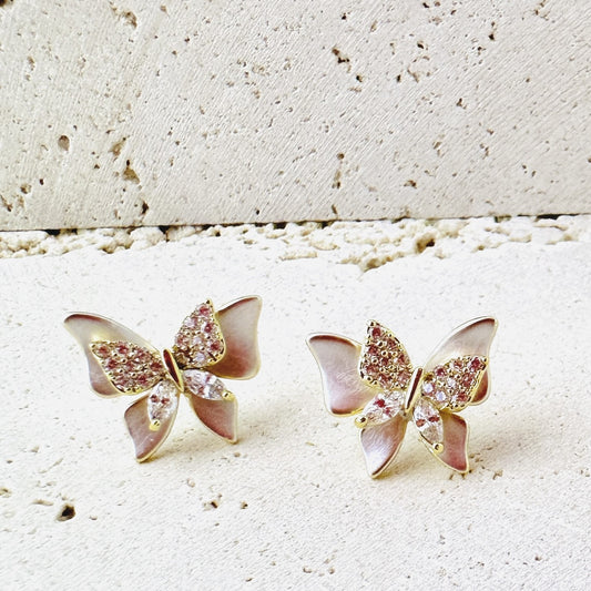 Sweet and luxurious double-layer three-dimensional butterfly earrings with gold inlaid diamonds, exquisite high-end design, niche and atmospheric