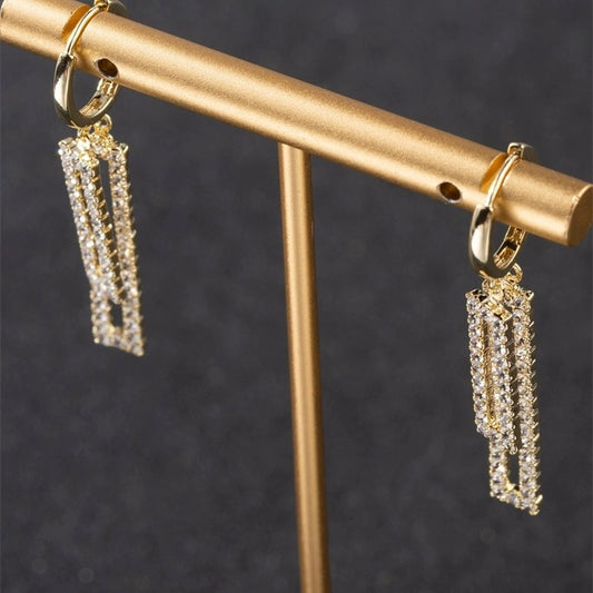 Full diamond double-layer rectangular earrings with a light luxury and high-end feel, geometric long earrings with temperament, ear buckles, and earrings